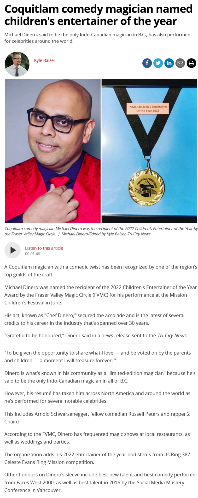Tri-City News article about Coquitlam magician Cash